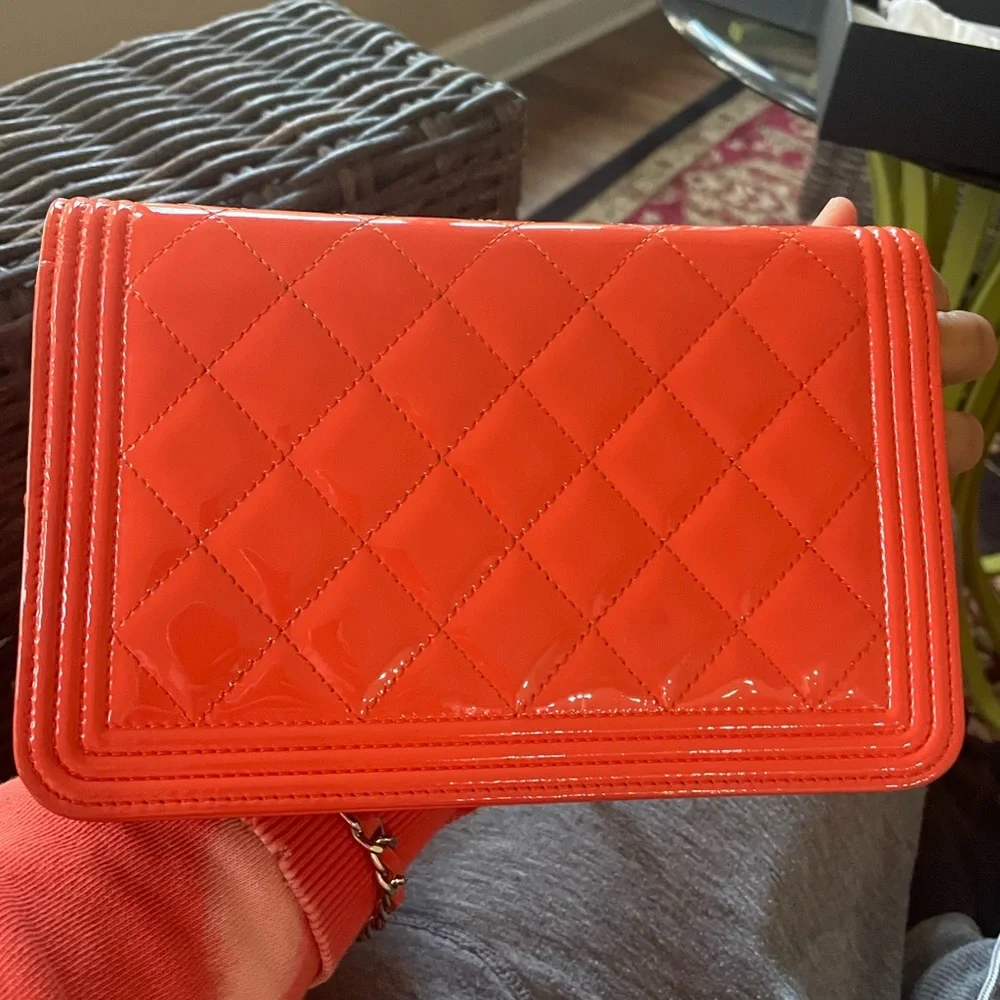 CHANEL Orange Quilted Patent Leather Crossbody Bag